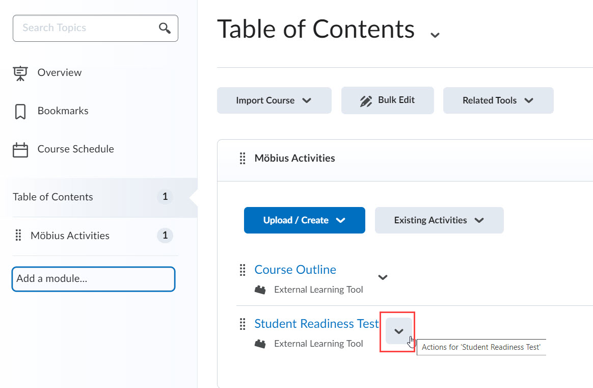 Student Readiness Test - Actions Next to the name Student Readiness Test, the Actions dropdown arrow is highlighted.